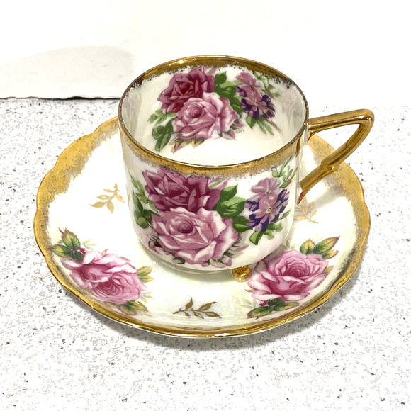 LM Royal Halsey Tea Cup & Saucer Set Iridescent Porcelain Pink Roses & Gold Trim - Picture 8 of 12